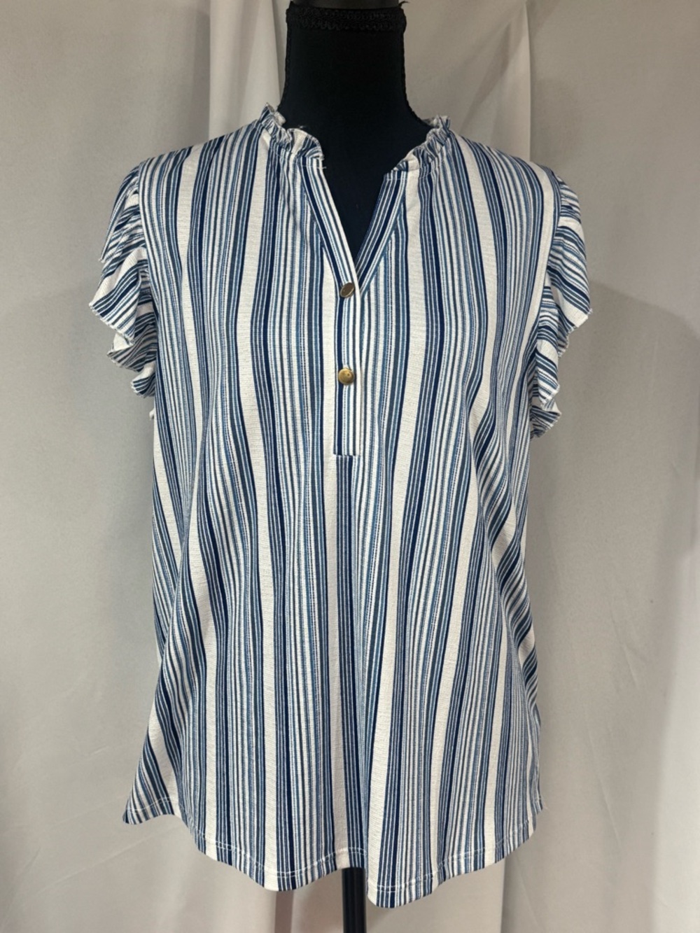 Striped Blue and White Ruffle Sleeve Blouse - Picture 1 of 6
